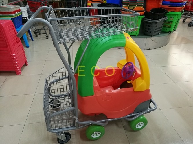 Empuje los carros de la compra de los niños manualmente del plástico con los echadores, carretilla movible de la cesta de la malla de alambre de la tienda